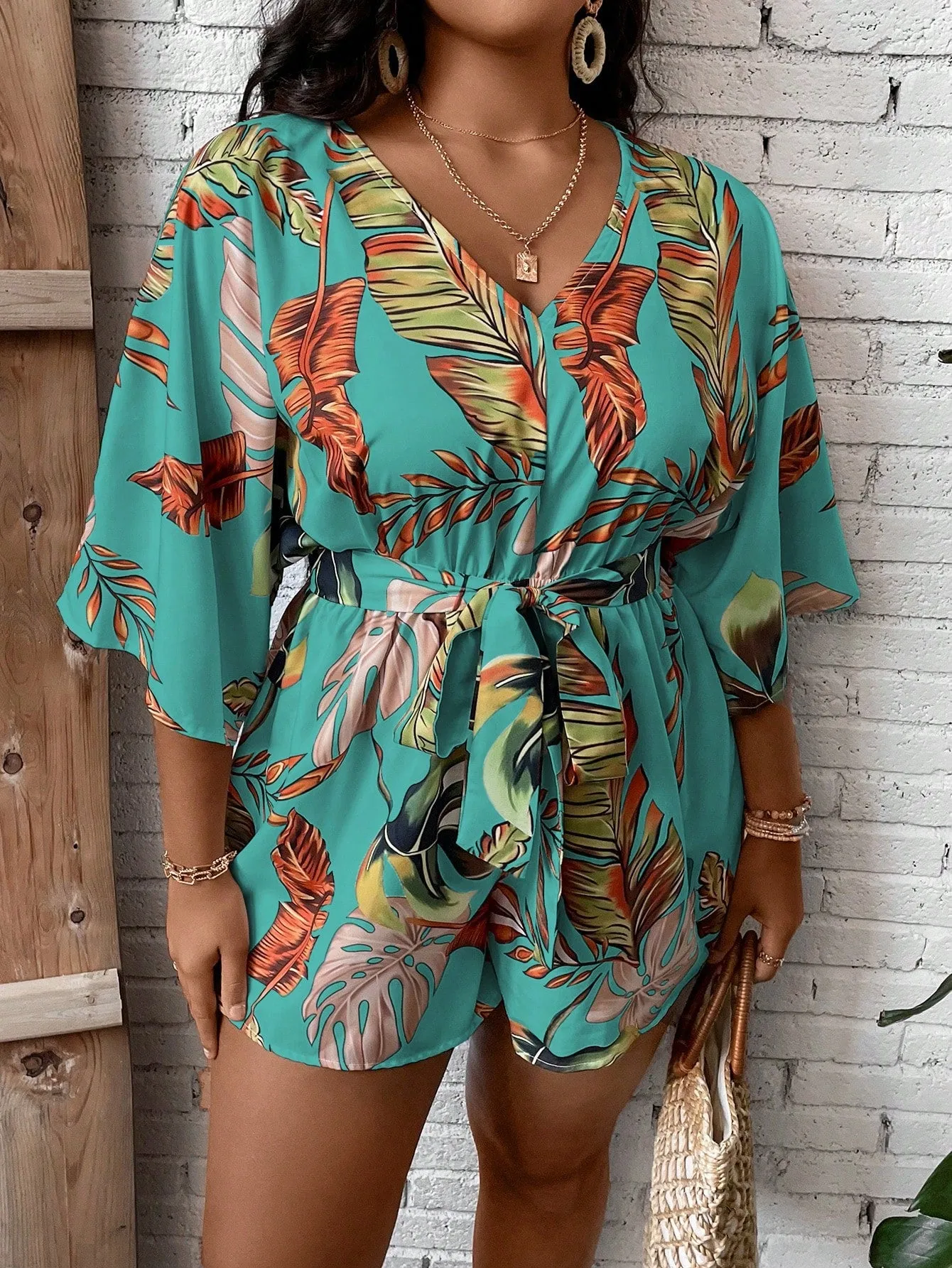 Plus Size Tropical Print Belted Romper