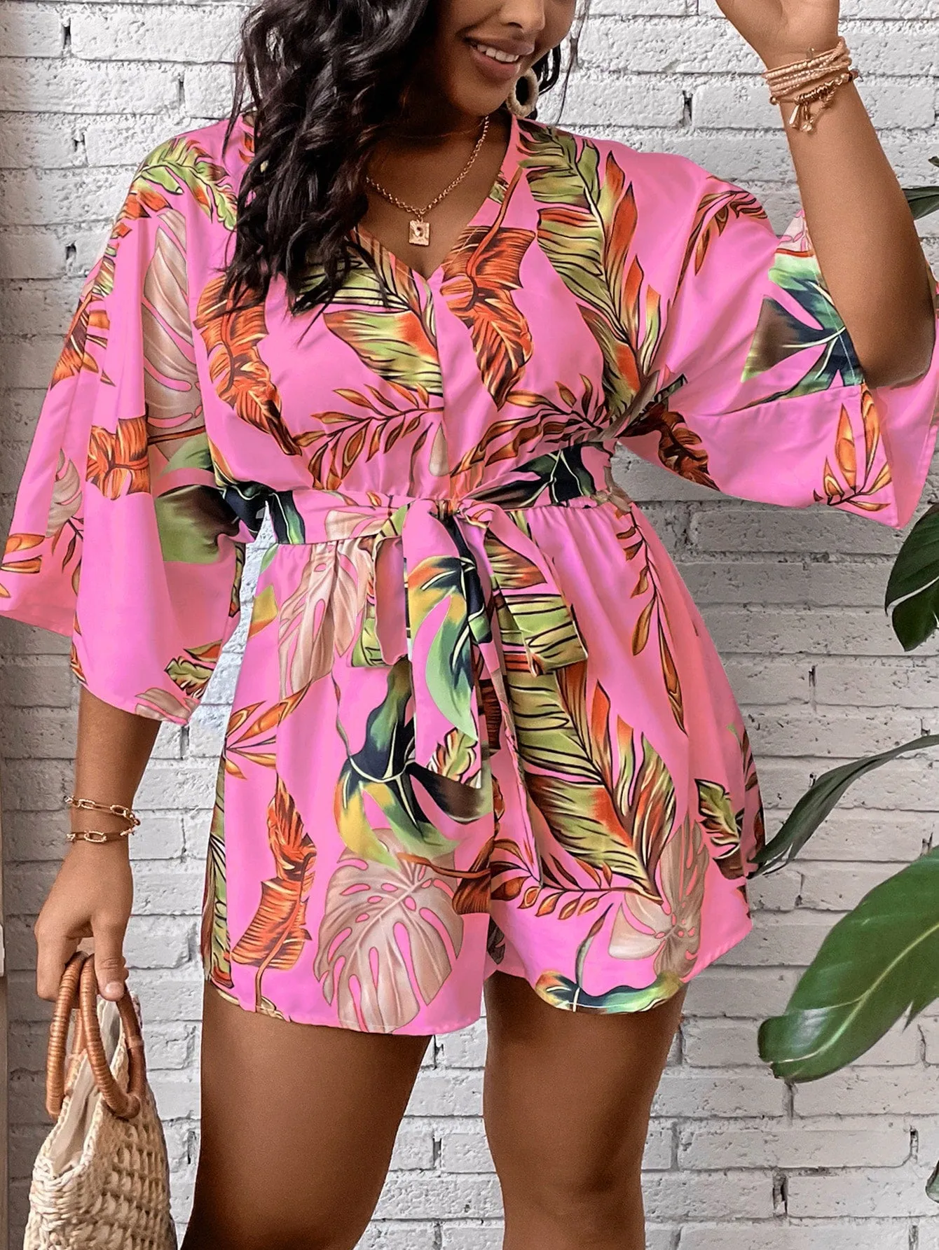 Plus Size Tropical Print Belted Romper