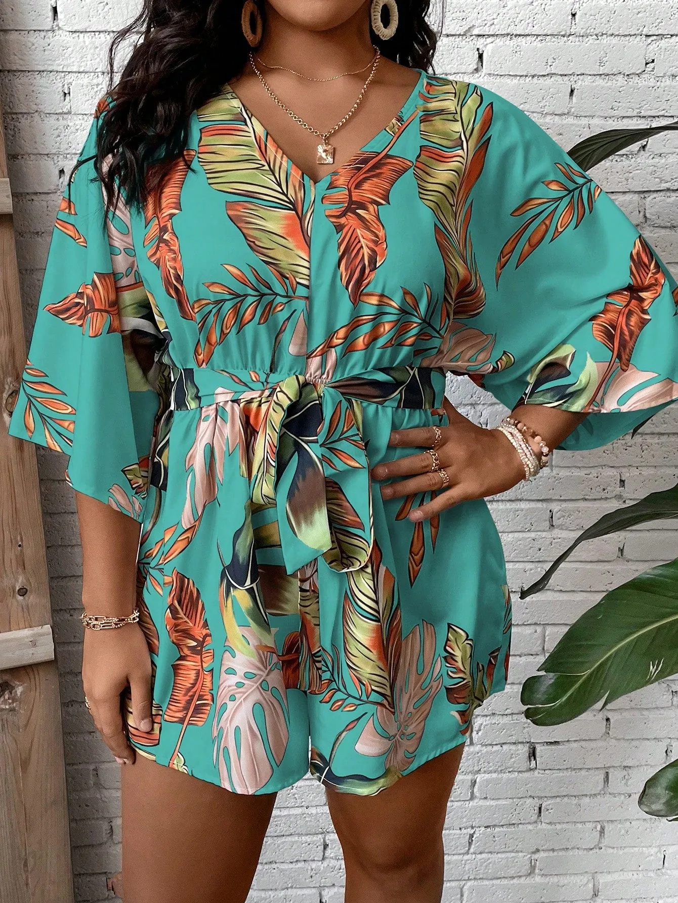 Plus Size Tropical Print Belted Romper