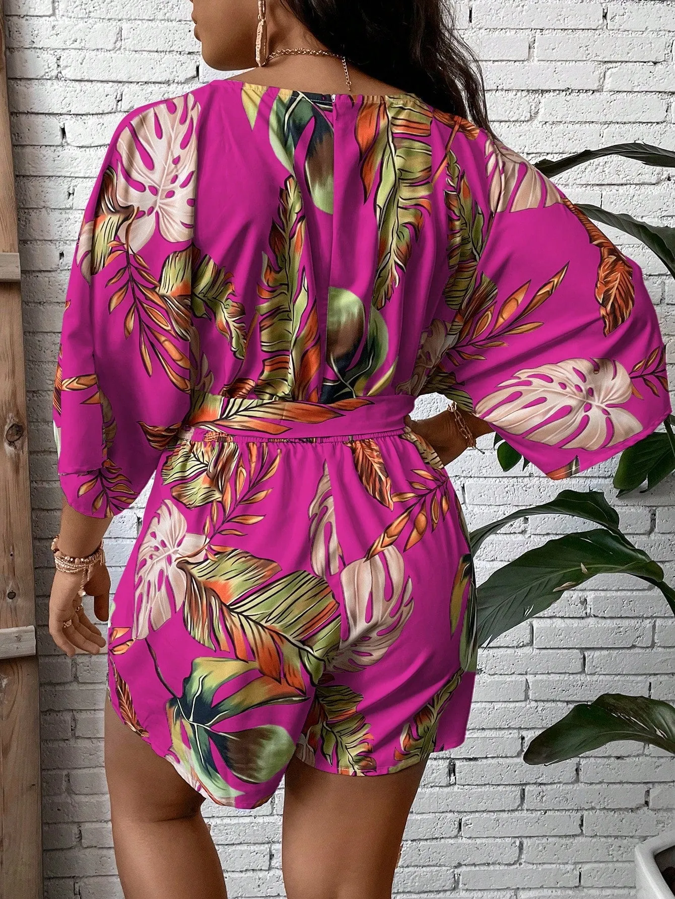 Plus Size Tropical Print Belted Romper