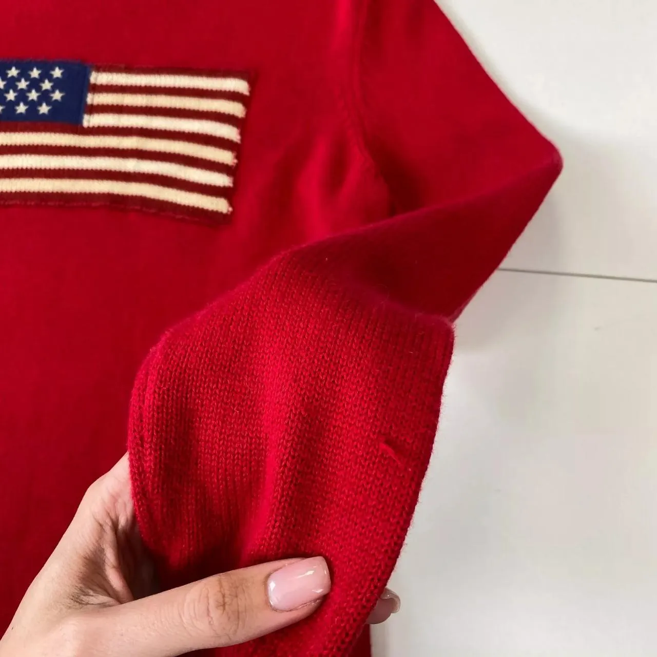 Preowned Ralph Lauren Womens Knit Flag Jumper Size M Red USA American Crewneck Sweater.[More lightweight].