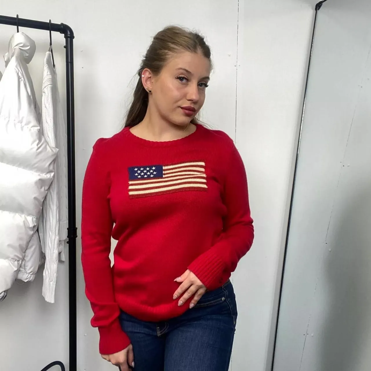 Preowned Ralph Lauren Womens Knit Flag Jumper Size M Red USA American Crewneck Sweater.[More lightweight].