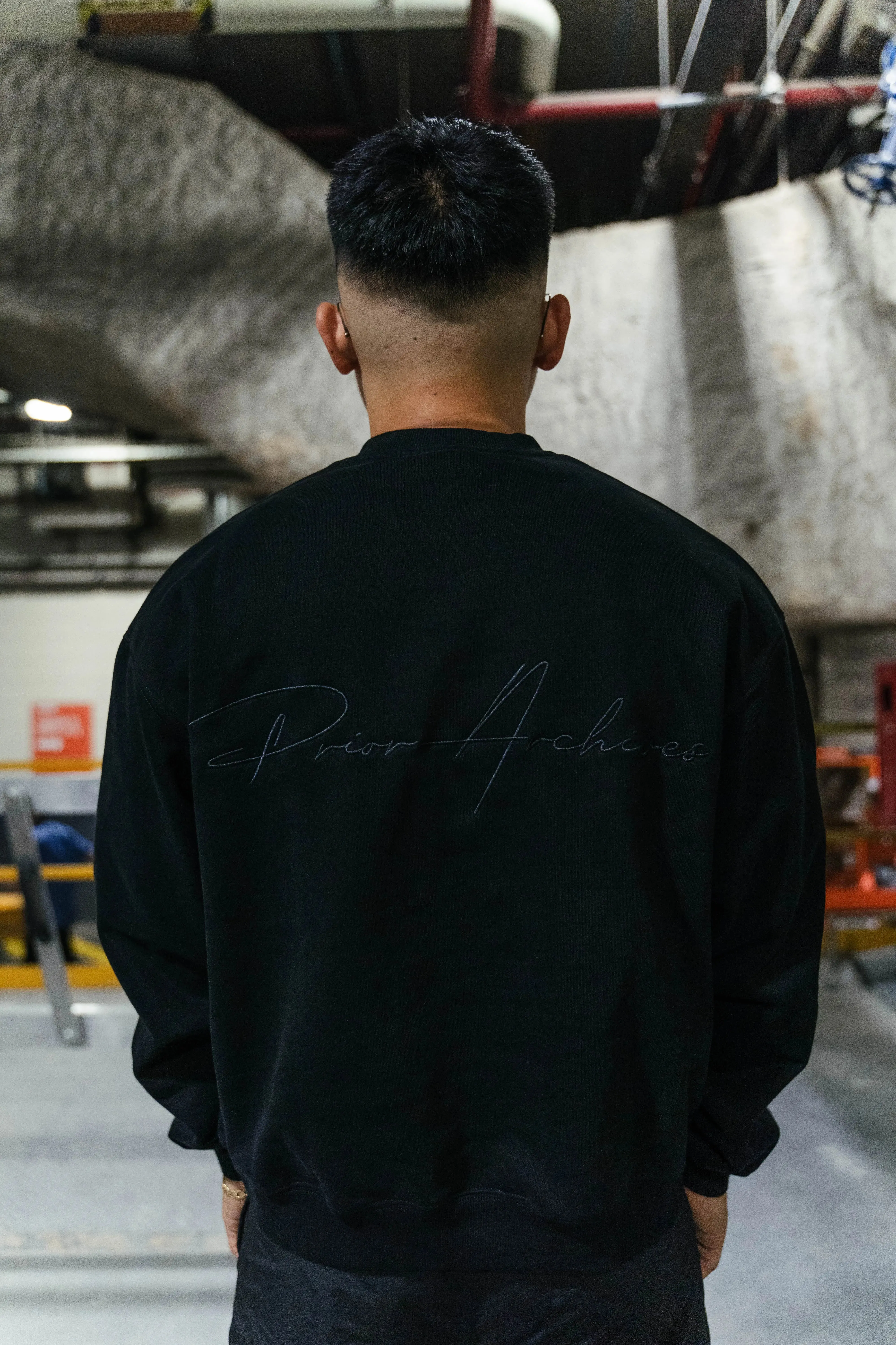 Prior Black Collection Embroidery Logo Oversized Cropped Crewneck Sweatshirt Onyx