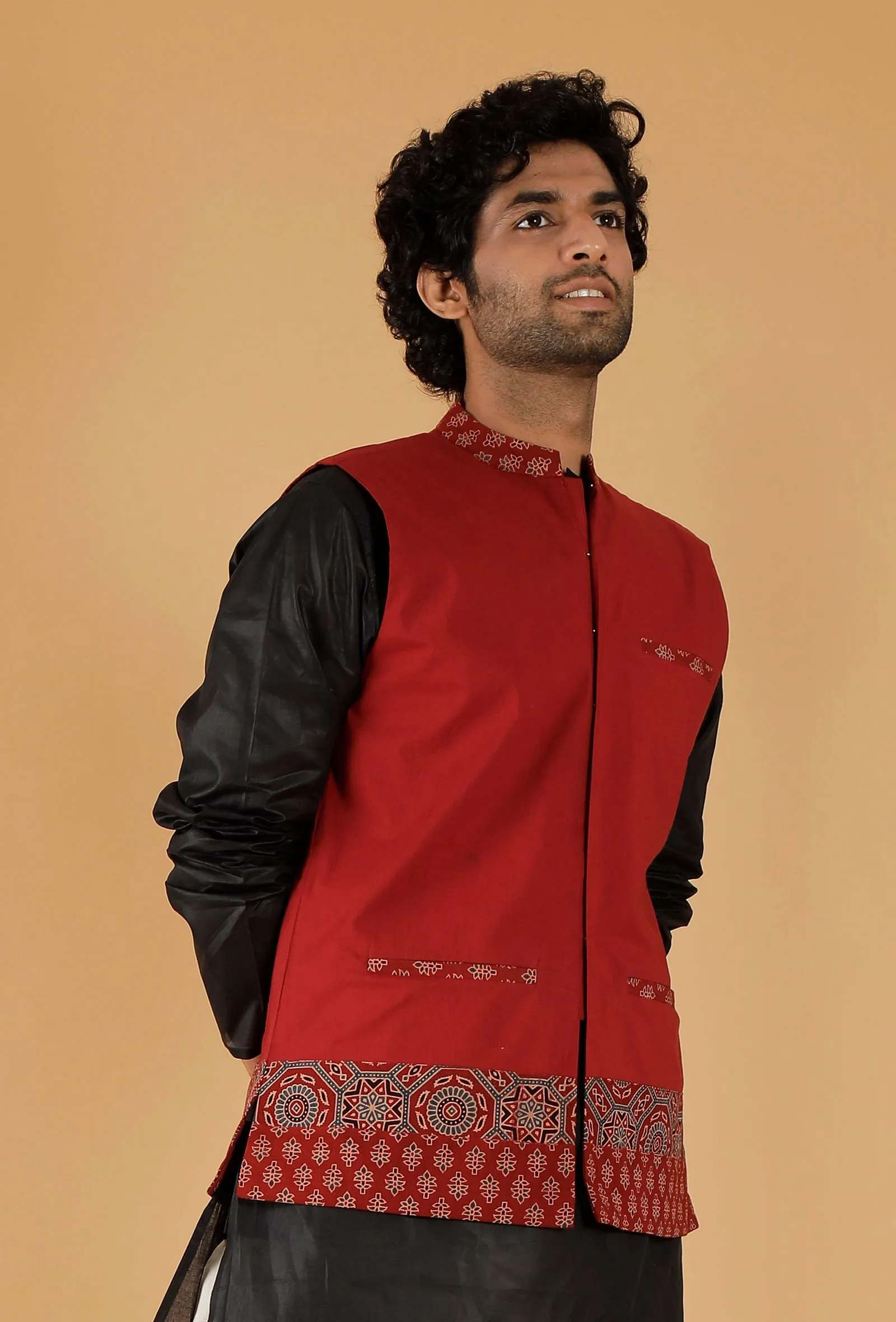 Red Ajrakh Print And Plain Cotton Sleeveless Nehru Jacket With Pockets