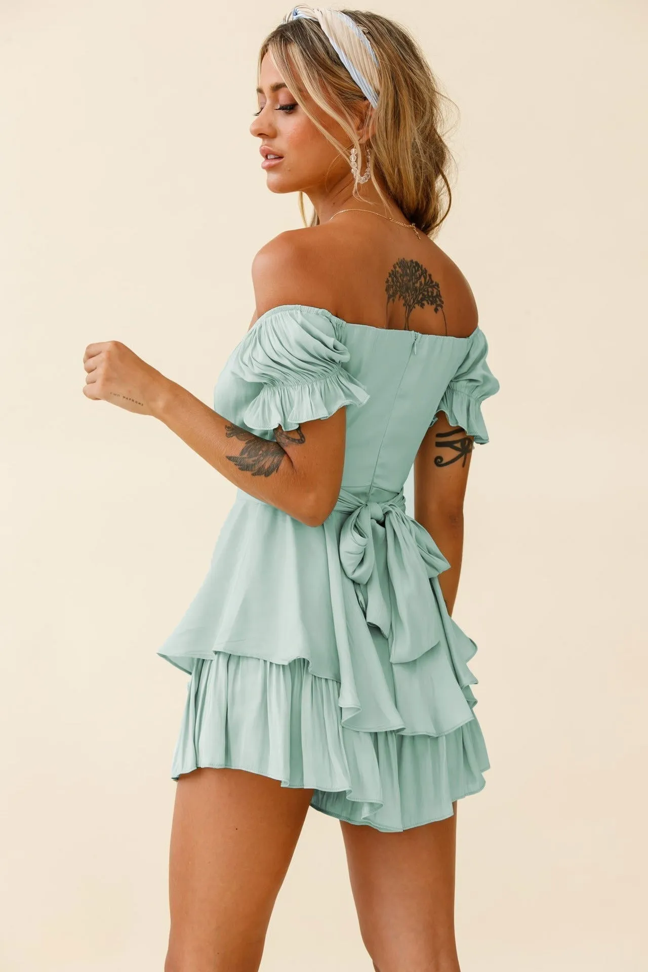 Ruffled Puff Short Sleeve Off Shoulder Tiered Mini Rompers