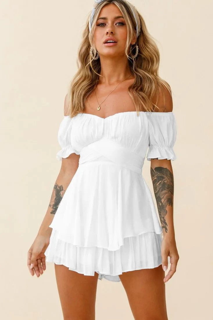 Ruffled Puff Short Sleeve Off Shoulder Tiered Mini Rompers