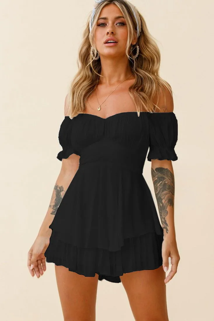 Ruffled Puff Short Sleeve Off Shoulder Tiered Mini Rompers