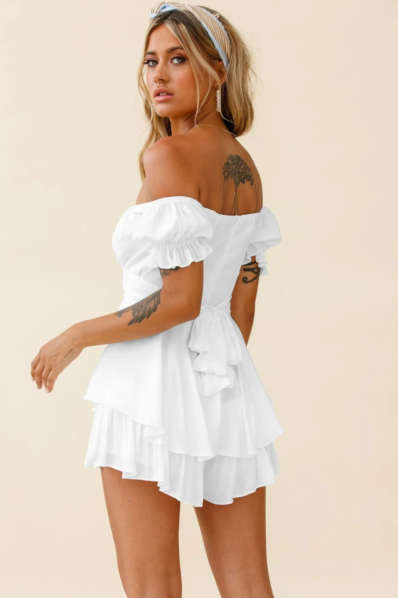 Ruffled Puff Short Sleeve Off Shoulder Tiered Mini Rompers