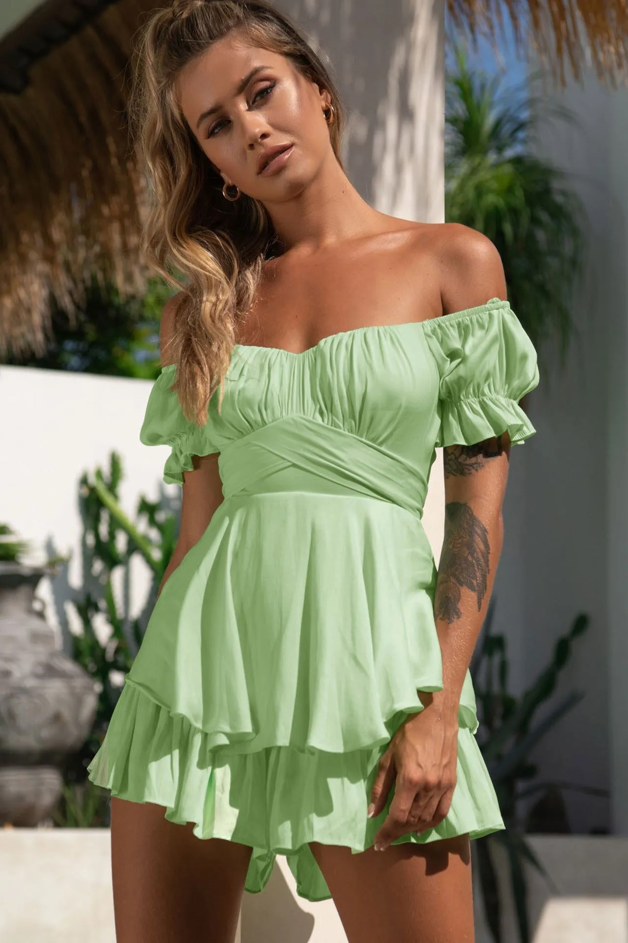 Ruffled Puff Short Sleeve Off Shoulder Tiered Mini Rompers