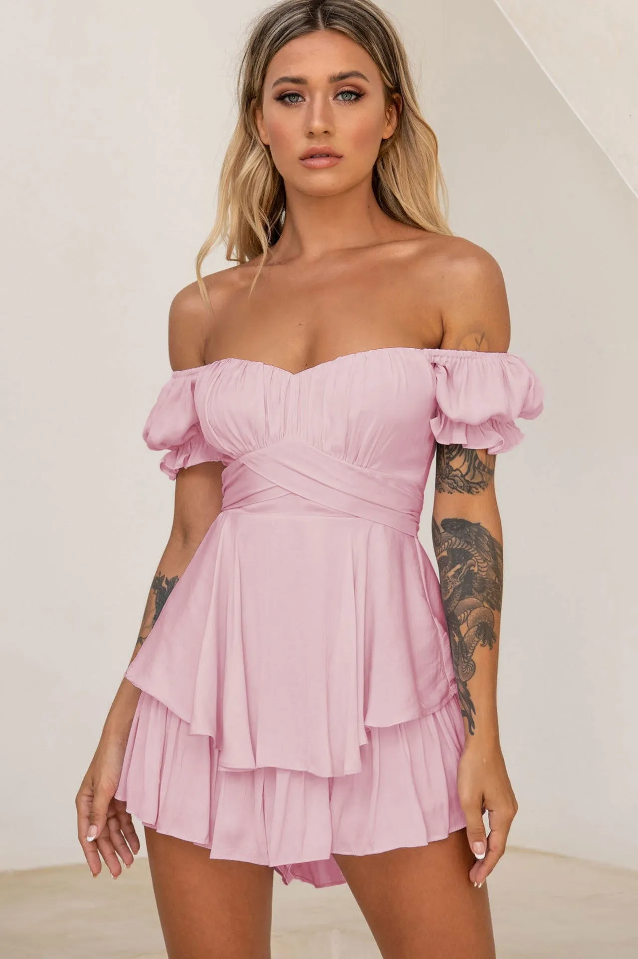 Ruffled Puff Short Sleeve Off Shoulder Tiered Mini Rompers