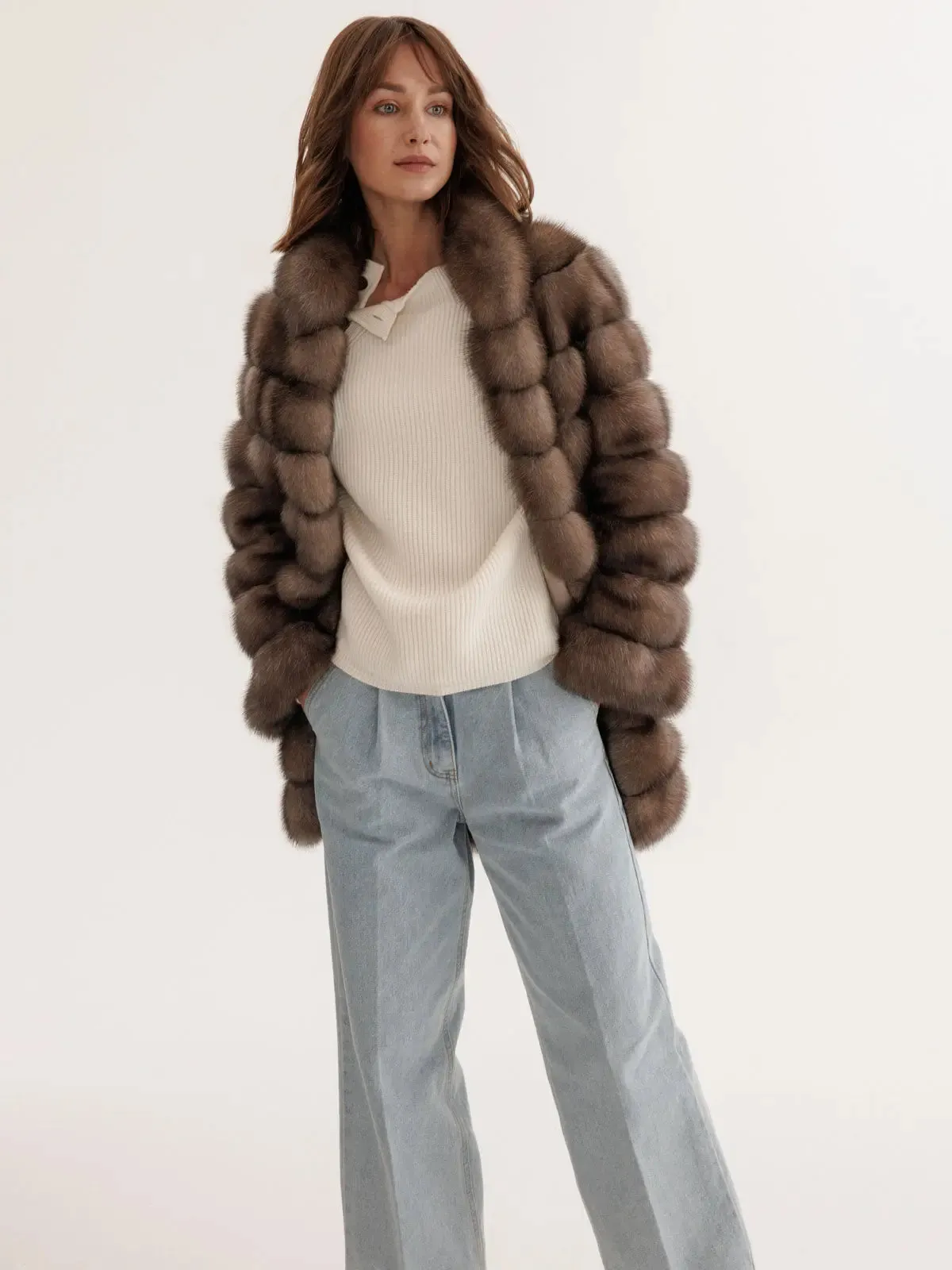 Sable coat with a stand-up collar in Desert Ice color