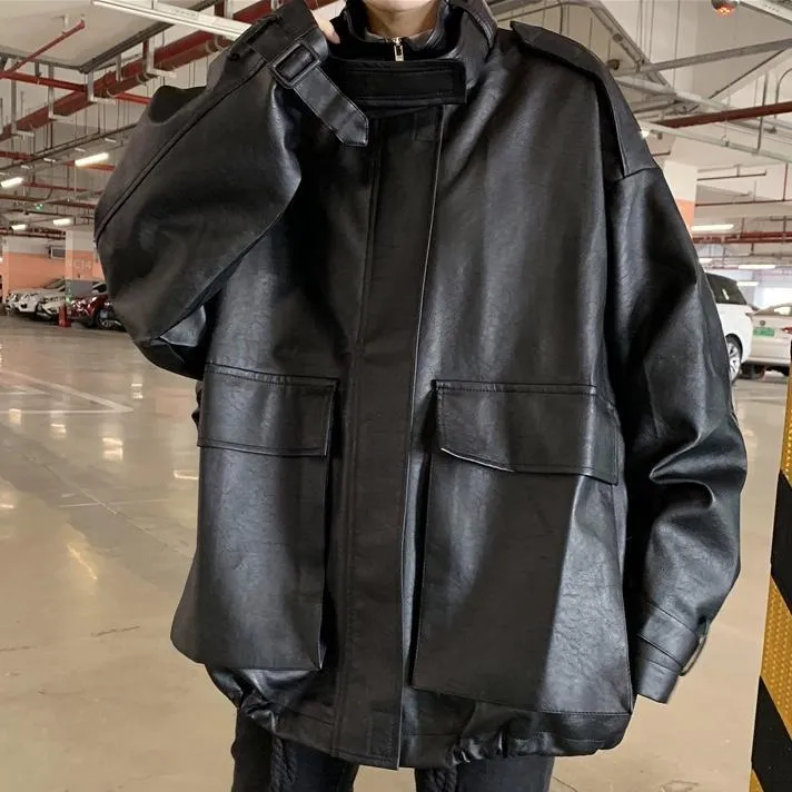 Sale Grunge Faux Leather Drawstring Oversized Jacket