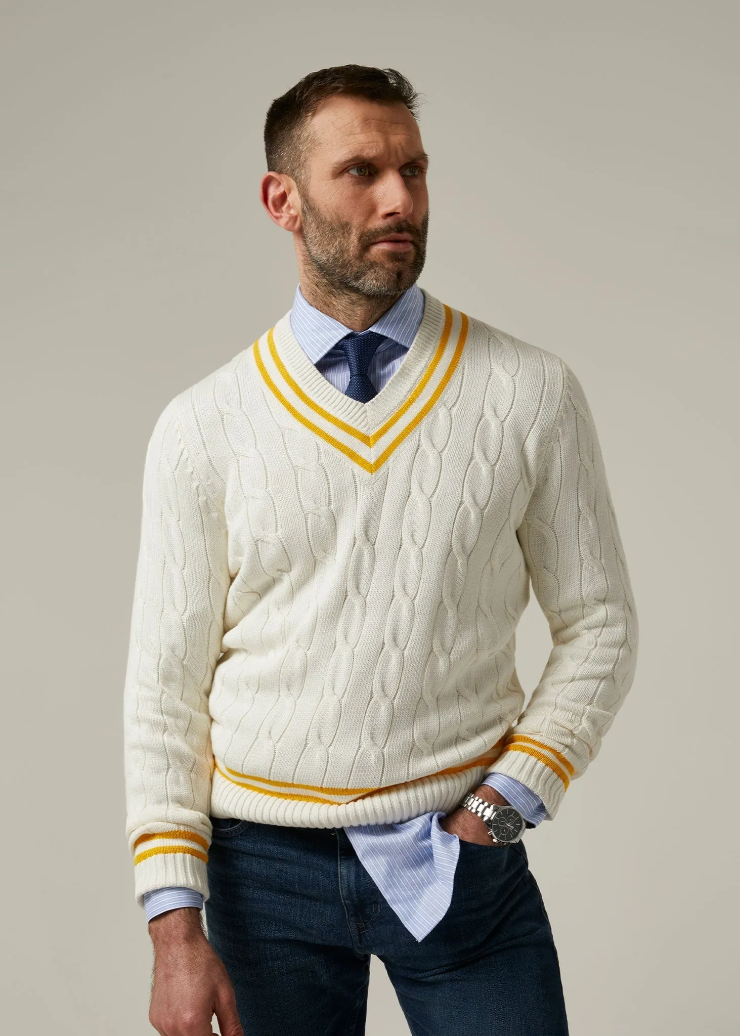 Sandridge Cable Knit Cricket Jumper In Ecru & Gold