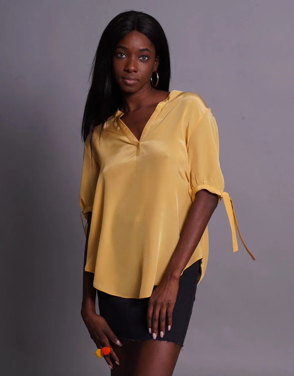 Silk Blouse with Tassel Ties in Yellow