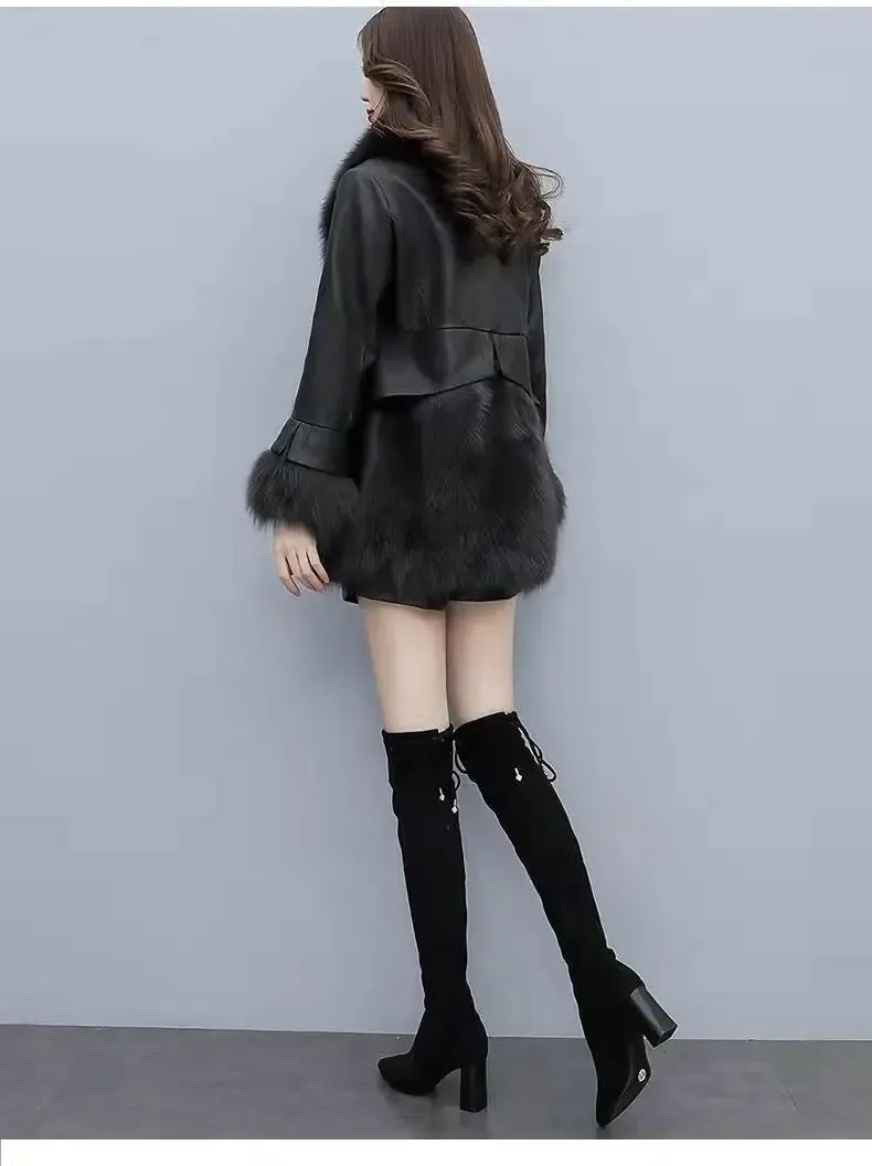 Slim-Fit Faux Fox Fur Mid-Length Leather Coats