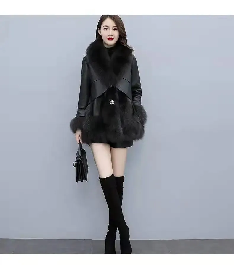 Slim-Fit Faux Fox Fur Mid-Length Leather Coats