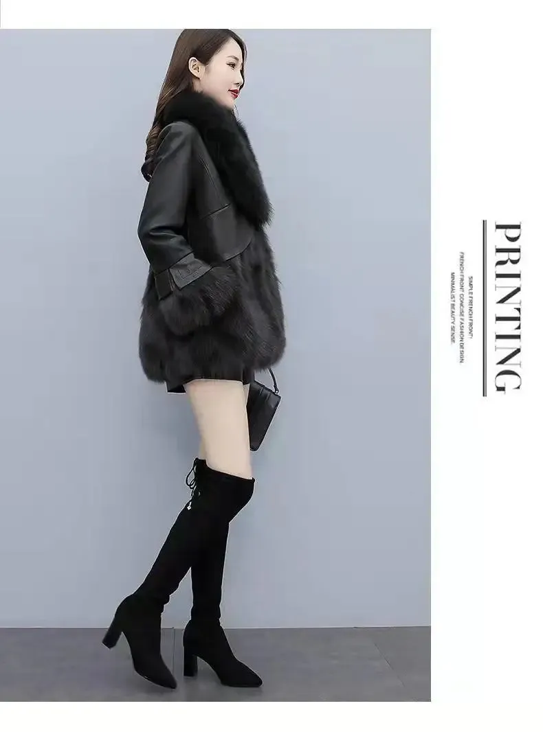 Slim-Fit Faux Fox Fur Mid-Length Leather Coats