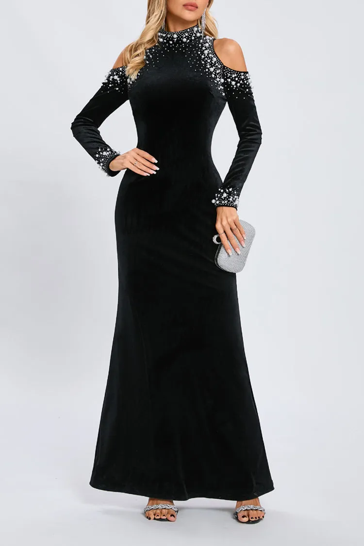 Sparkly Crystal Faux Pearl Cold Shoulder Long Sleeve Velvet Evening Maxi Dress