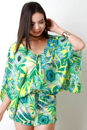 Tropical Leaves Chiffon Kimono Sleeves Romper