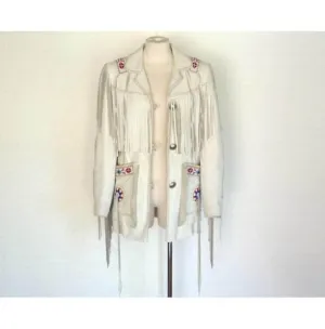 White Cowboy Genuine Leather Jacket, Cowboy Leather Jacket With Fringes