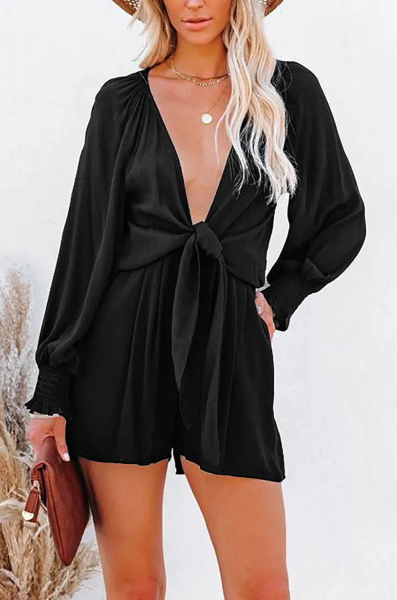 Women's Sexy V Neck Jumpsuits Chiffon Tie Knot Front Puff Long Sleeve Romper