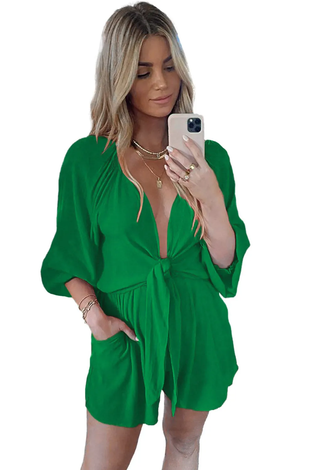 Women's Sexy V Neck Jumpsuits Chiffon Tie Knot Front Puff Long Sleeve Romper