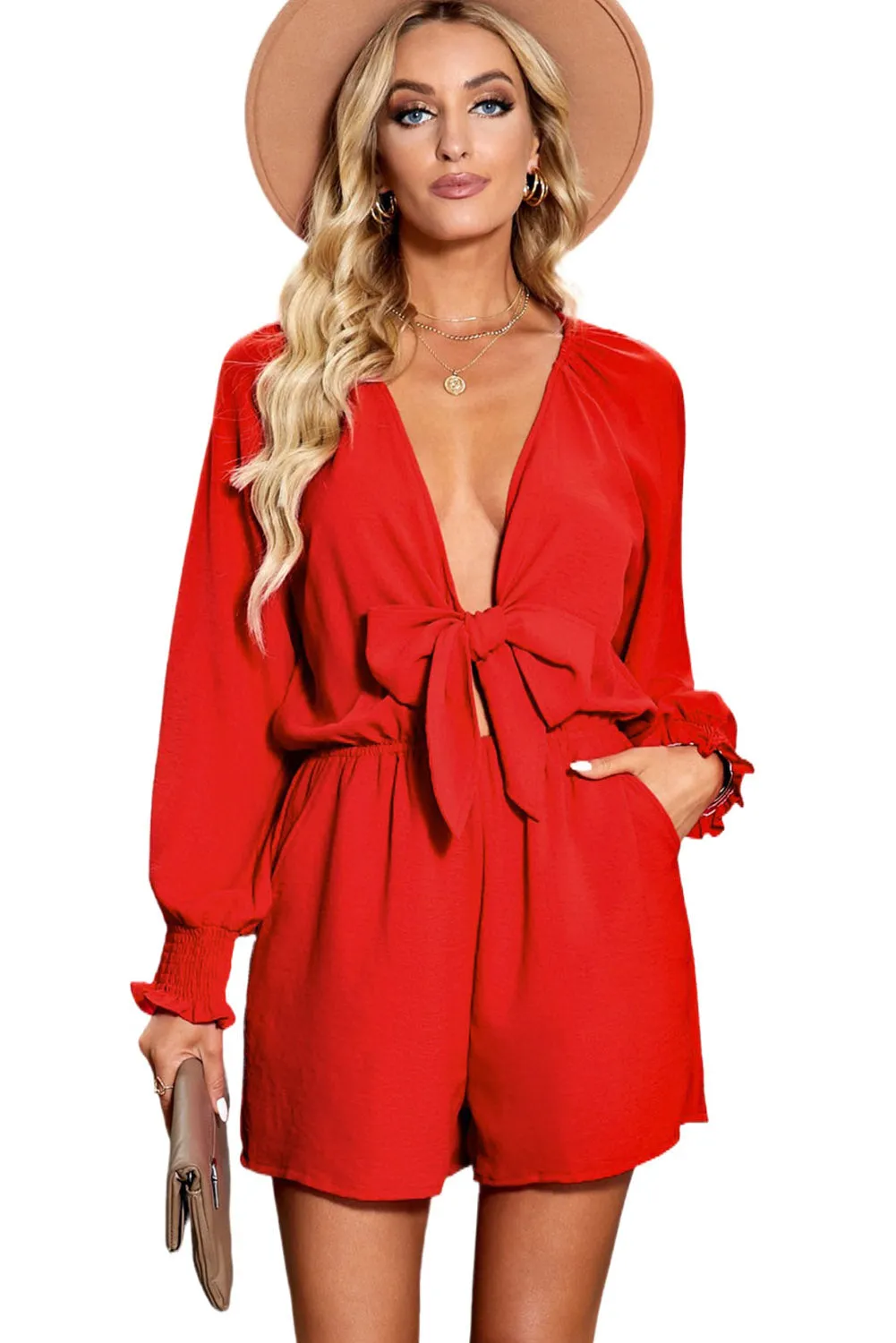 Women's Sexy V Neck Jumpsuits Chiffon Tie Knot Front Puff Long Sleeve Romper