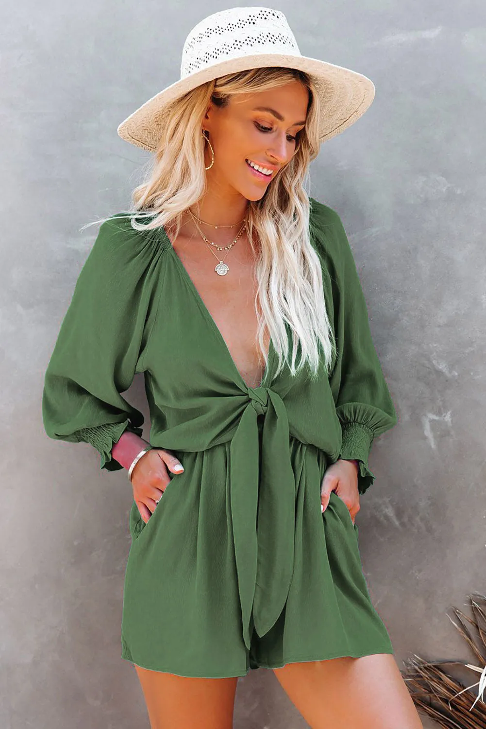 Women's Sexy V Neck Jumpsuits Chiffon Tie Knot Front Puff Long Sleeve Romper