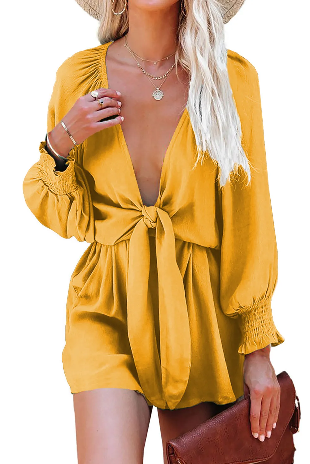 Women's Sexy V Neck Jumpsuits Chiffon Tie Knot Front Puff Long Sleeve Romper