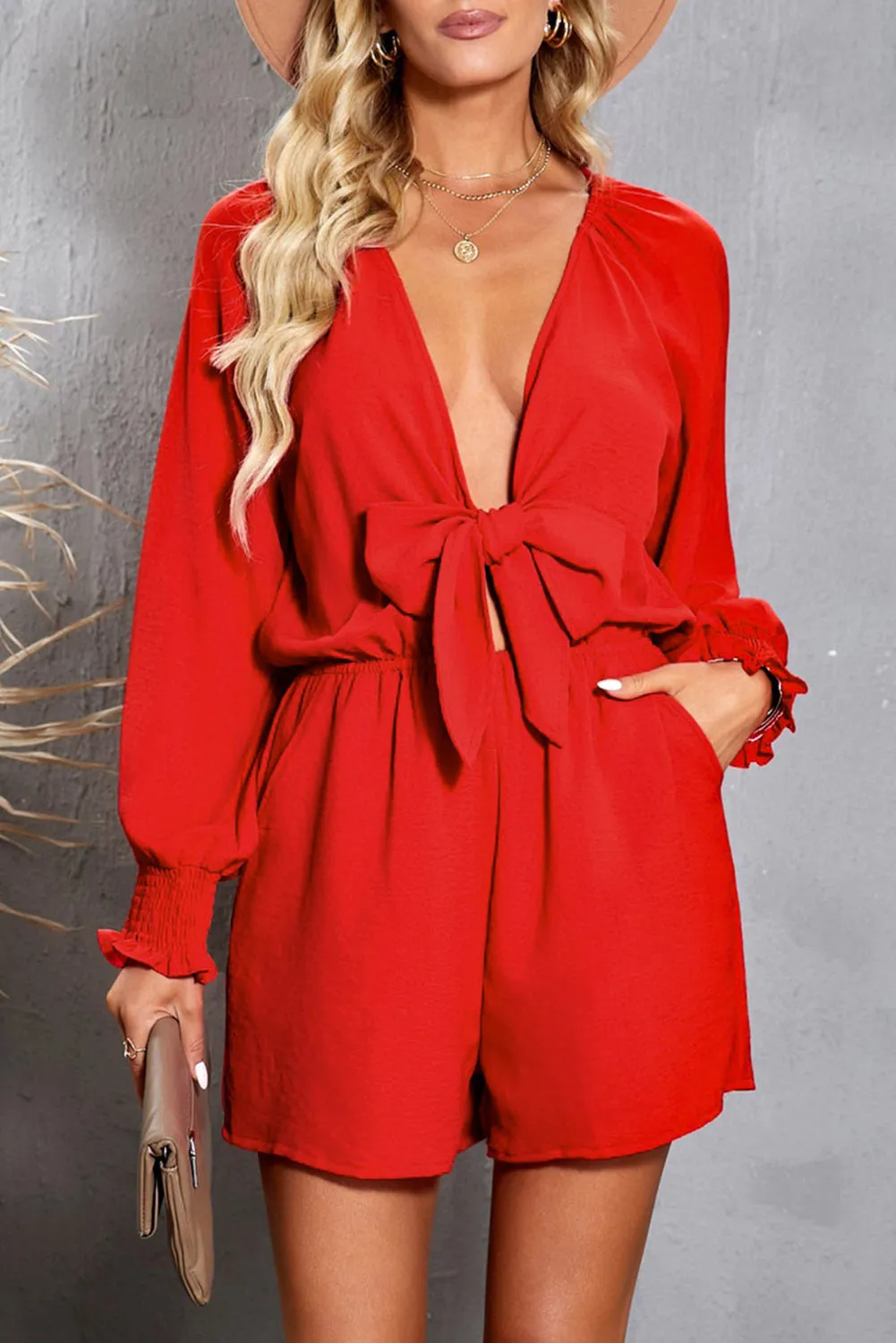 Women's Sexy V Neck Jumpsuits Chiffon Tie Knot Front Puff Long Sleeve Romper