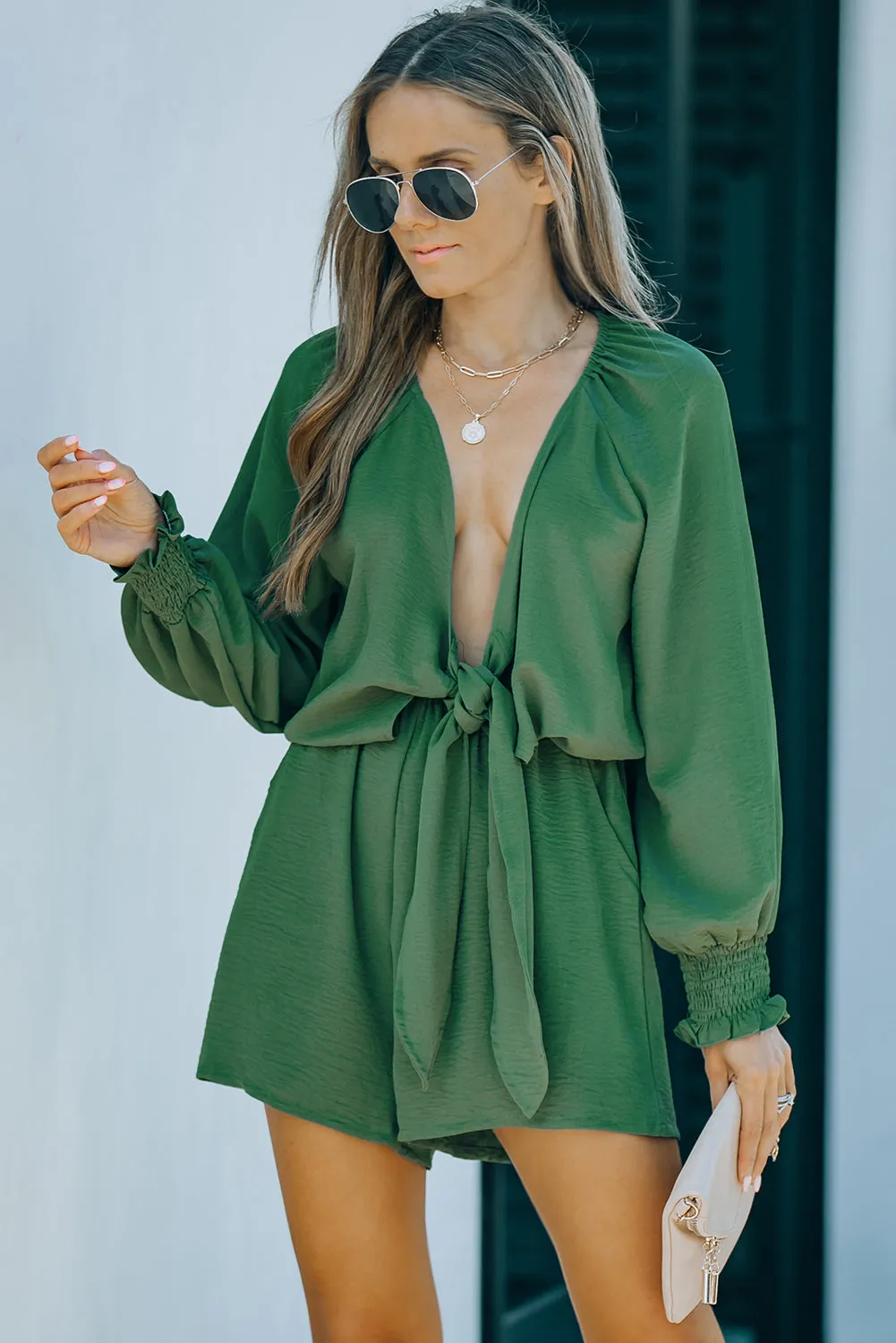 Women's Sexy V Neck Jumpsuits Chiffon Tie Knot Front Puff Long Sleeve Romper