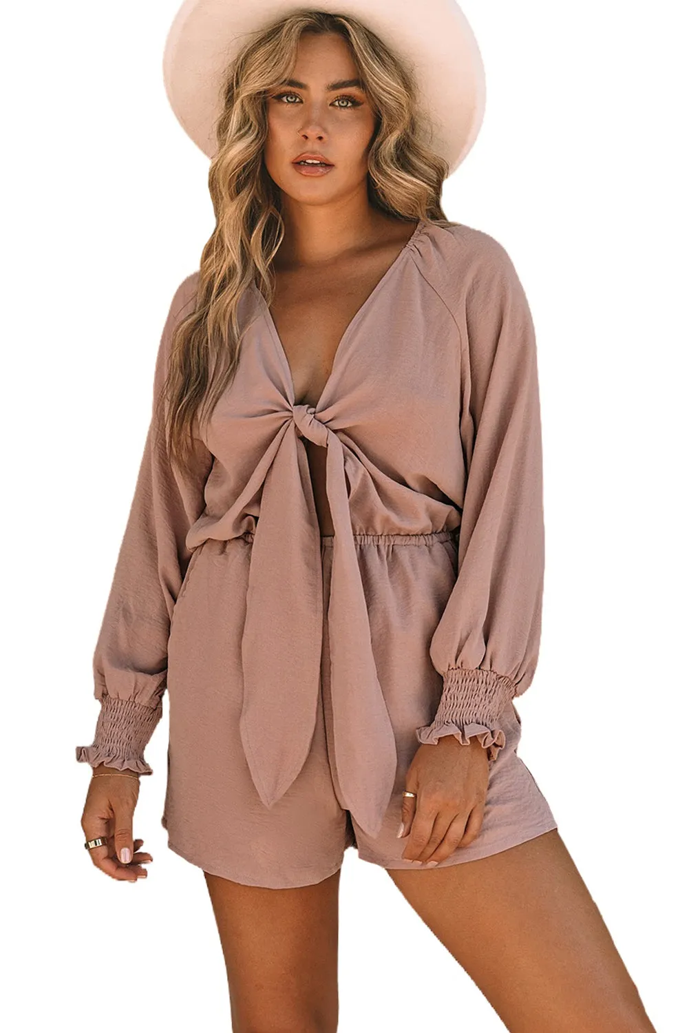 Women's Sexy V Neck Jumpsuits Chiffon Tie Knot Front Puff Long Sleeve Romper