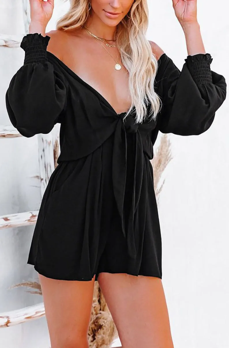 Women's Sexy V Neck Jumpsuits Chiffon Tie Knot Front Puff Long Sleeve Romper