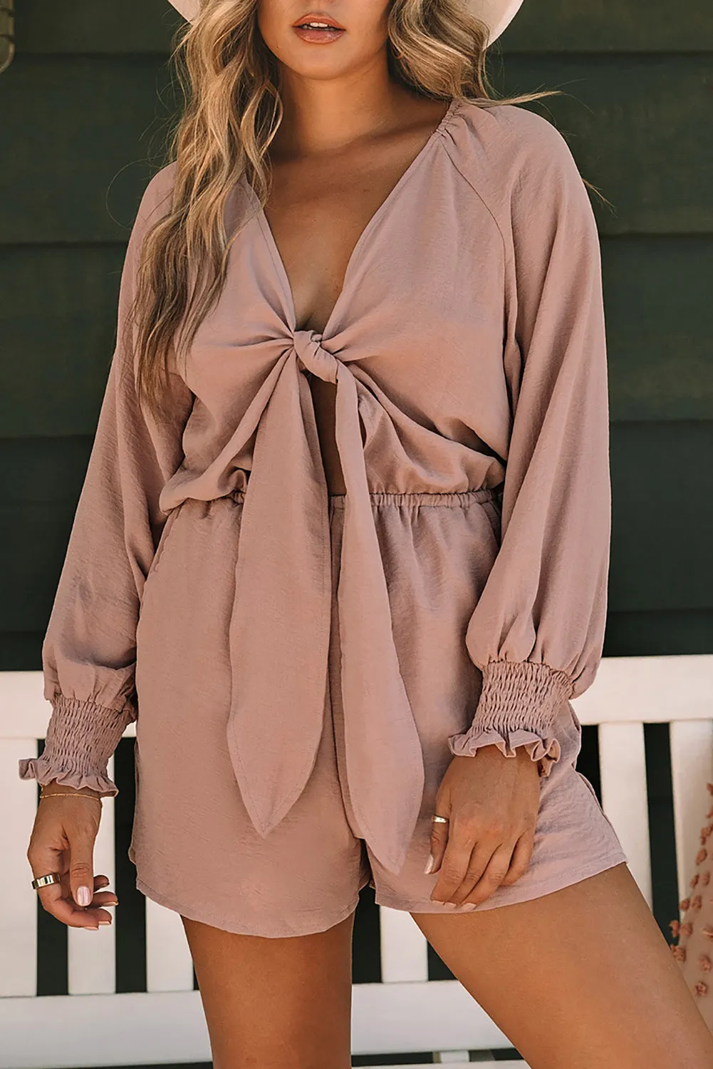 Women's Sexy V Neck Jumpsuits Chiffon Tie Knot Front Puff Long Sleeve Romper