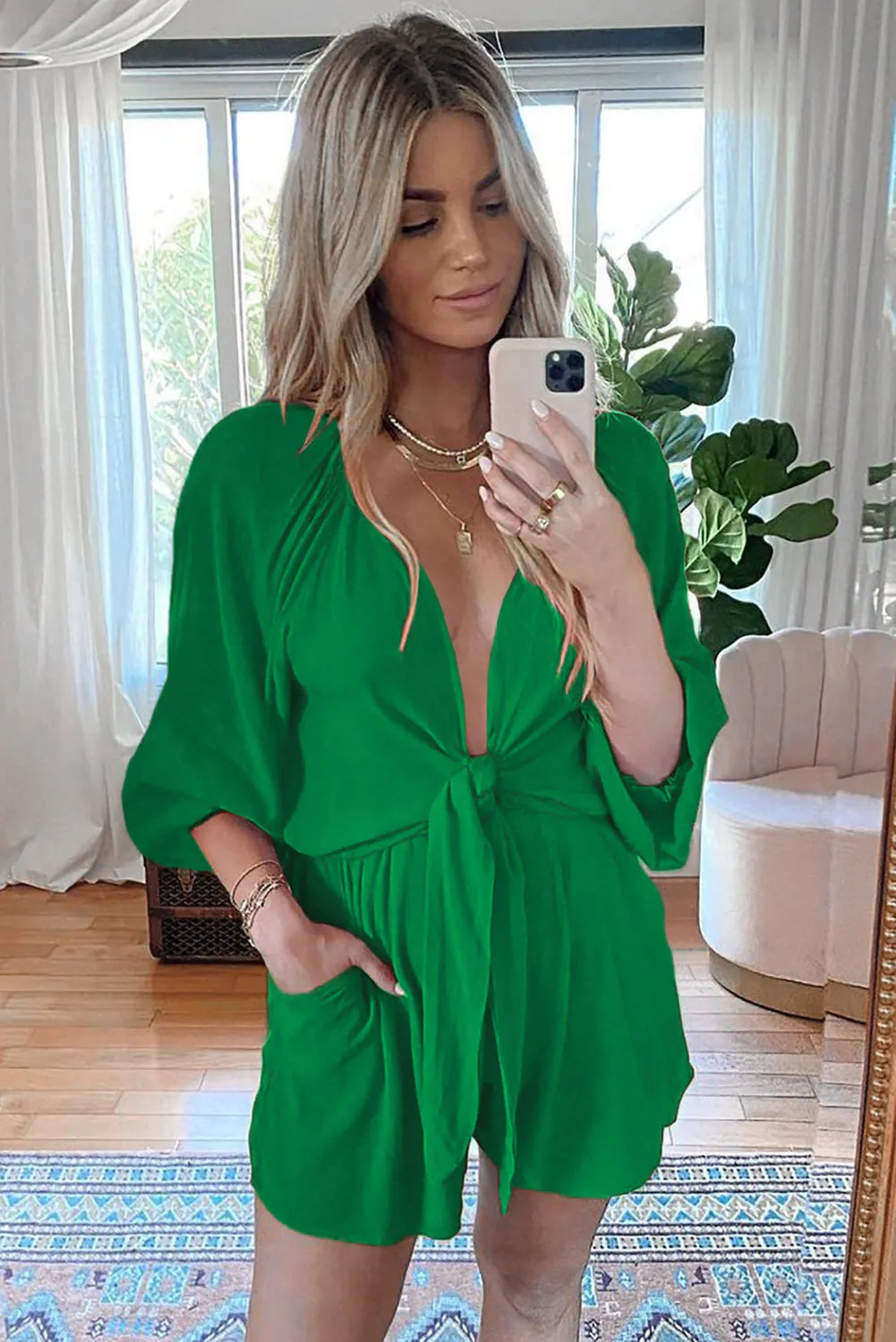 Women's Sexy V Neck Jumpsuits Chiffon Tie Knot Front Puff Long Sleeve Romper