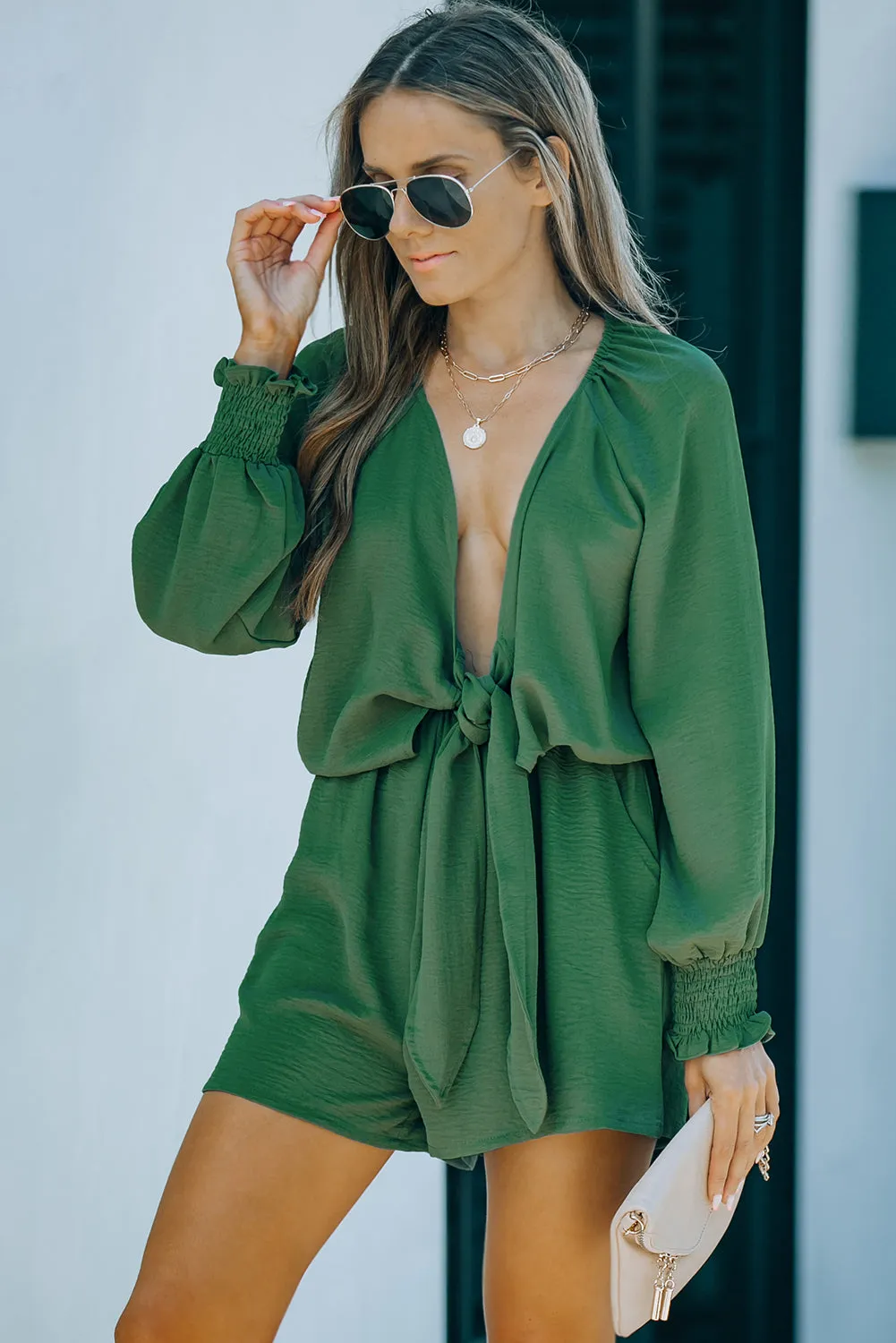 Women's Sexy V Neck Jumpsuits Chiffon Tie Knot Front Puff Long Sleeve Romper