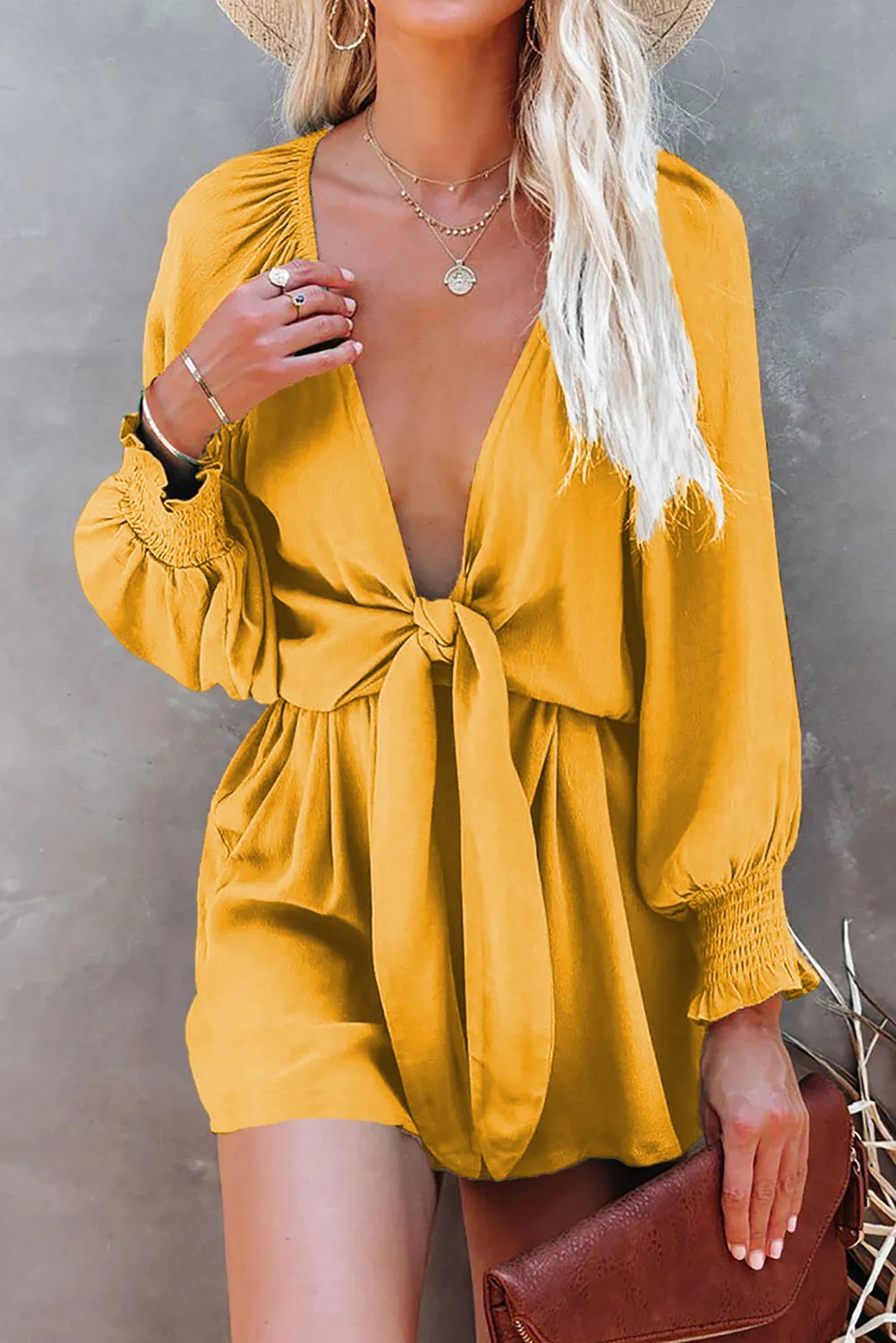 Women's Sexy V Neck Jumpsuits Chiffon Tie Knot Front Puff Long Sleeve Romper