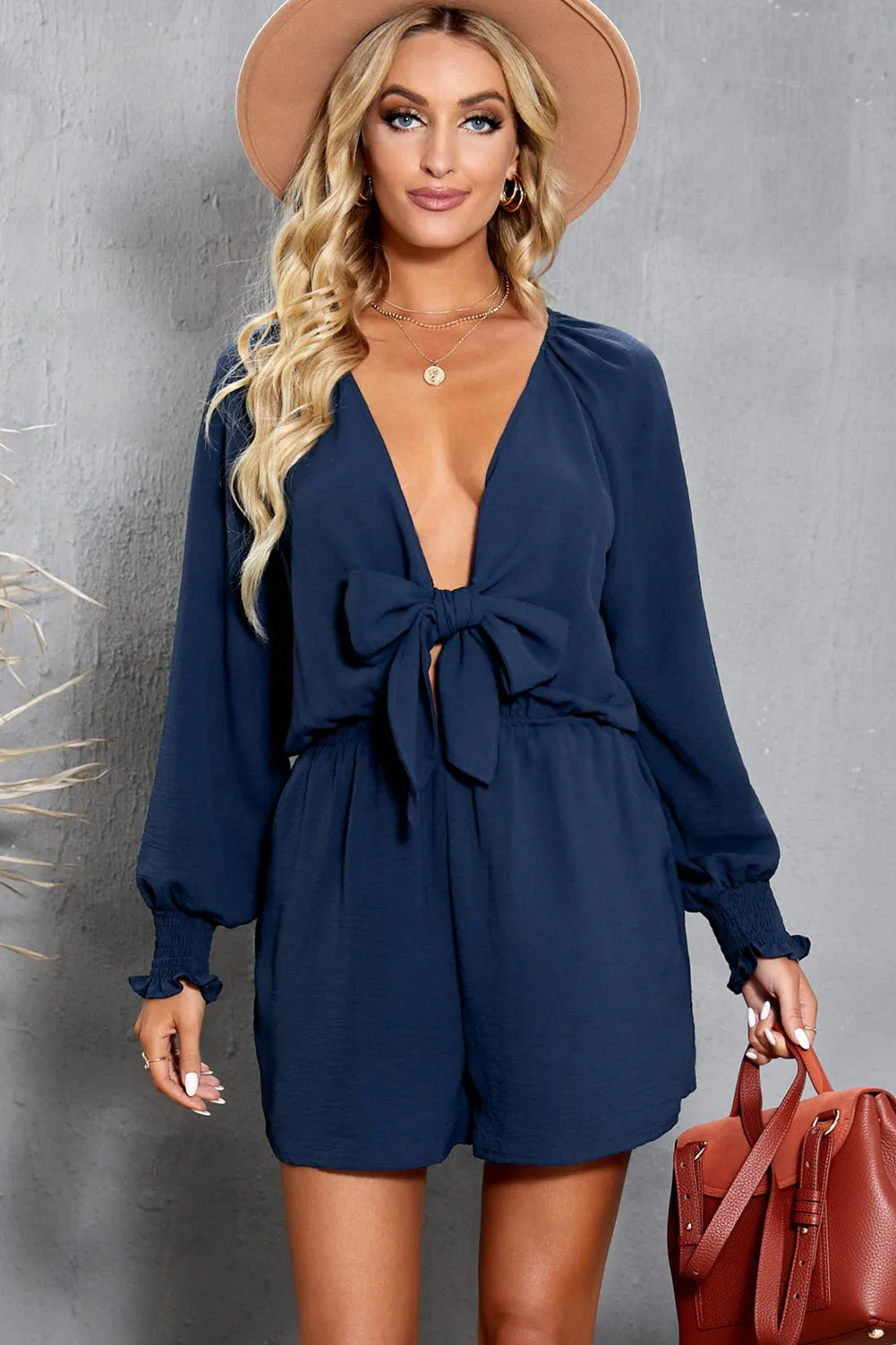 Women's Sexy V Neck Jumpsuits Chiffon Tie Knot Front Puff Long Sleeve Romper