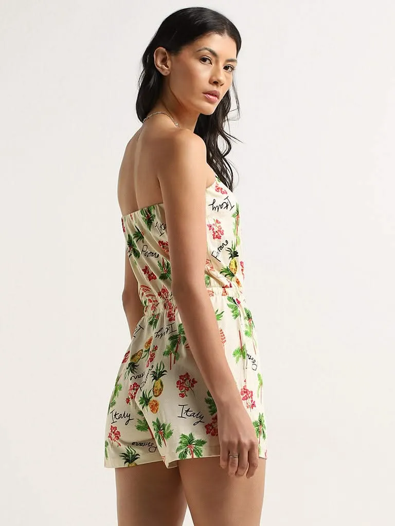 Wunderlove Beige Tropical Inspired Romper Straight Dress