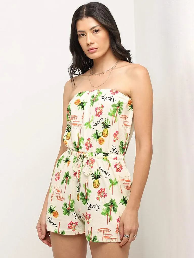 Wunderlove Beige Tropical Inspired Romper Straight Dress