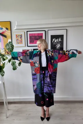 Zero Waste One of a Kind Patch Work Oversized Hanten Coat in Cotton and Linen with Cotton Satin Lining in Btight Colors